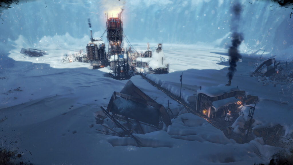 Blick auf die anfängliche Siedlung in Frostpunk von einer Sammelstelle aus.