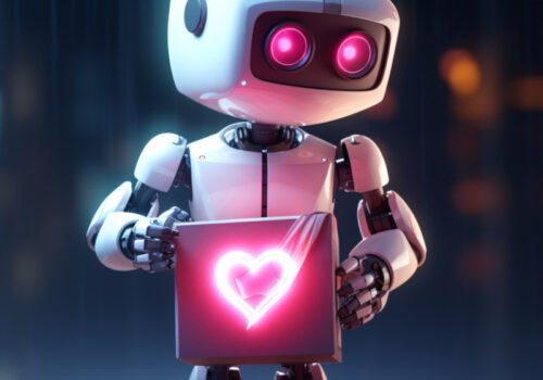 Kleiner süßer Roboter der ein Bildschirm mit einem Herzchen drauf hält