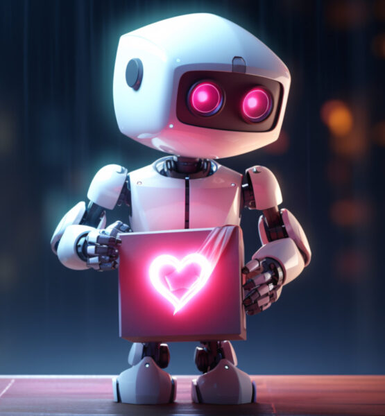 Kleiner süßer Roboter der ein Bildschirm mit einem Herzchen drauf hält