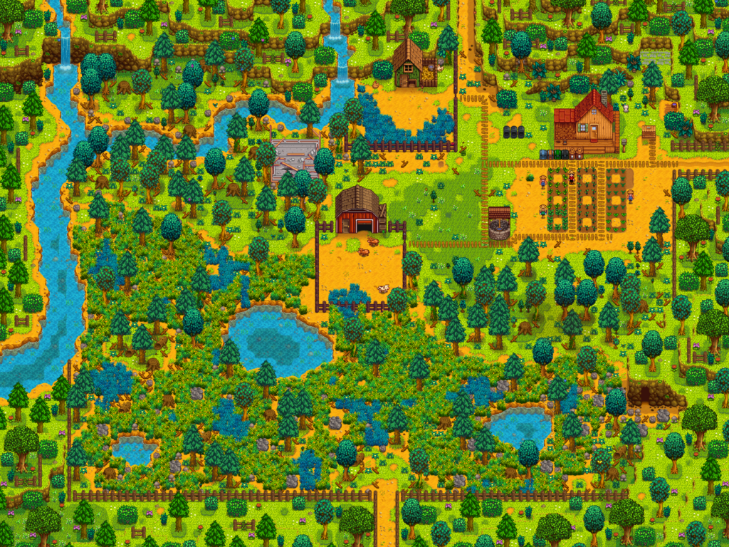 Eine Farm in Stardew Valley im Sommer mit einigen Feldern und zwei Ställen.