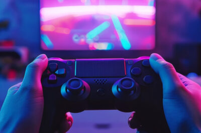 Gaming-Controller in der Hand und im Hintergrund ein Bildschirm auf dem ein verschwommenes Videospiel angezeigt wird. Es soll Mikrotransaktionen im Gaming darstellen.