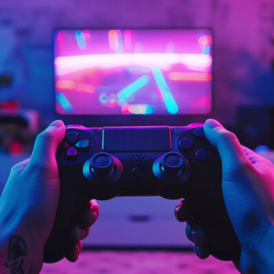 Gaming-Controller in der Hand und im Hintergrund ein Bildschirm auf dem ein verschwommenes Videospiel angezeigt wird. Es soll Mikrotransaktionen im Gaming darstellen.