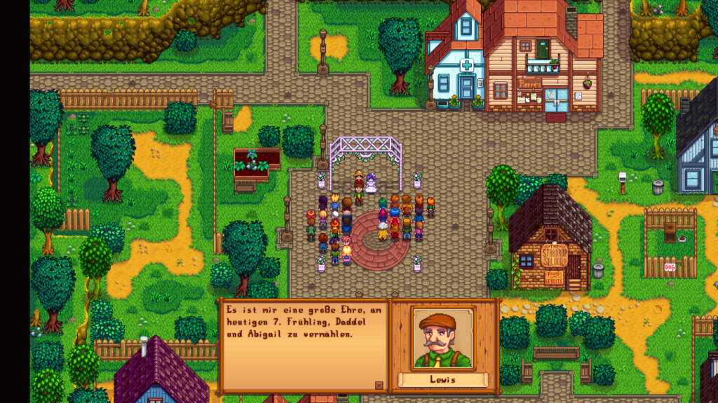 Eine Hochzeit in Stardew Valley. Alle Bürger sind versammelt um den Bund zwischen dem Spielercharakter und Abigail zu feiern.