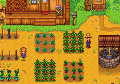 Screenshot aus Stardew Valley. Der Spieler steht vor seinen Feldern, die umzäunt sind und einen Brunnen in der Nähe haben.
