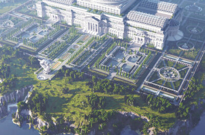 das beeindruckende Gebäude der Uncensored Library auf einer fliegenden Insel in Minecraft.