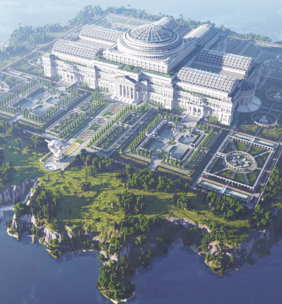 das beeindruckende Gebäude der Uncensored Library auf einer fliegenden Insel in Minecraft.