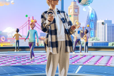 Ein Mensch trägt eine Virtual-Reality-Brille und Controller in den Händen. Er steht in einer futuristischen virtuellen Umgebung, die von Avataren bevölkert ist. Im Hintergrund sind stilisierte Gebäude und Wahrzeichen wie der Big Ben und eine moderne Skyline zu sehen. Die Umgebung wirkt bunt und dynamisch, mit verschiedenen Personen, die miteinander interagieren.