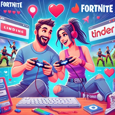 Illustration of a couple happily playing Fortnite together, having met through Tinder. The scene features bright colors, clean lines, and a playful, modern aesthetic inspired by Javier Medellin Puyou. The background includes hearts, game icons, and the Tinder logo, emphasizing the dating and gaming theme.