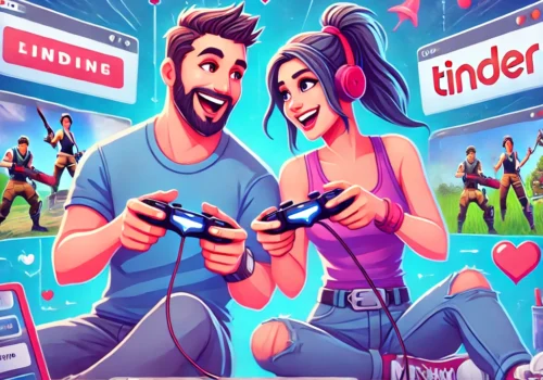 Illustration of a couple happily playing Fortnite together, having met through Tinder. The scene features bright colors, clean lines, and a playful, modern aesthetic inspired by Javier Medellin Puyou. The background includes hearts, game icons, and the Tinder logo, emphasizing the dating and gaming theme.