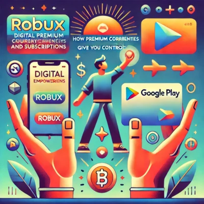 An illustration with the theme 'Digital Empowerment_ How Premium Currencies and Subscriptions Give You Control,' featuring Robux and Google Play Cards