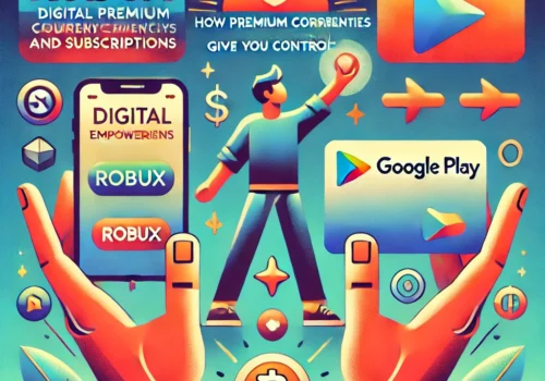 An illustration with the theme 'Digital Empowerment_ How Premium Currencies and Subscriptions Give You Control,' featuring Robux and Google Play Cards