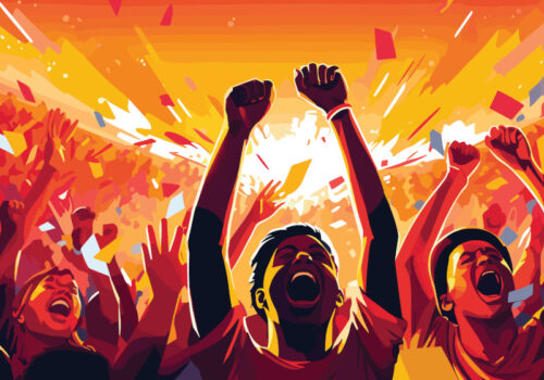 Ein lebendiges, farbenfrohes Bild zeigt eine jubelnde Menschenmenge bei einer Fußball-EM. Die Szene ist in kräftigen Rot-, Gelb- und Orangetönen gehalten, und die Menschen heben ihre Arme in die Luft und feiern ausgelassen. Konfetti und Lichtstrahlen verstärken die festliche Atmosphäre.