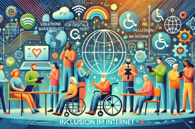 Eine inklusive und moderne Illustration, die "Lösungen für digitale Barrierefreiheit: Inklusion im Internet" darstellt. Das Bild zeigt diverse Personen, die verschiedene Geräte wie Laptops, Tablets und Smartphones nutzen. Symbole für Barrierefreiheit wie Rollstuhlicons, Braille und Gebärdensprache sind ebenfalls enthalten. Die Farben sind hell und ansprechend, wie Blau, Grün und Orange. Elemente einer vernetzten digitalen Welt mit abstrakten Formen und Mustern im Hintergrund repräsentieren Technologie und Innovation. Die Atmosphäre ist einladend und unterstützend, mit Fokus auf Inklusivität und Zugänglichkeit.