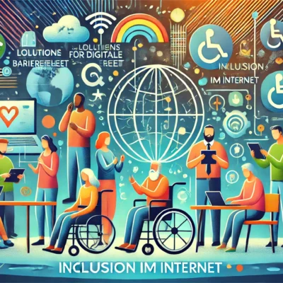 Eine inklusive und moderne Illustration, die "Lösungen für digitale Barrierefreiheit: Inklusion im Internet" darstellt. Das Bild zeigt diverse Personen, die verschiedene Geräte wie Laptops, Tablets und Smartphones nutzen. Symbole für Barrierefreiheit wie Rollstuhlicons, Braille und Gebärdensprache sind ebenfalls enthalten. Die Farben sind hell und ansprechend, wie Blau, Grün und Orange. Elemente einer vernetzten digitalen Welt mit abstrakten Formen und Mustern im Hintergrund repräsentieren Technologie und Innovation. Die Atmosphäre ist einladend und unterstützend, mit Fokus auf Inklusivität und Zugänglichkeit.