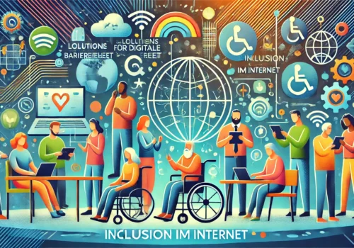Eine inklusive und moderne Illustration, die "Lösungen für digitale Barrierefreiheit: Inklusion im Internet" darstellt. Das Bild zeigt diverse Personen, die verschiedene Geräte wie Laptops, Tablets und Smartphones nutzen. Symbole für Barrierefreiheit wie Rollstuhlicons, Braille und Gebärdensprache sind ebenfalls enthalten. Die Farben sind hell und ansprechend, wie Blau, Grün und Orange. Elemente einer vernetzten digitalen Welt mit abstrakten Formen und Mustern im Hintergrund repräsentieren Technologie und Innovation. Die Atmosphäre ist einladend und unterstützend, mit Fokus auf Inklusivität und Zugänglichkeit.