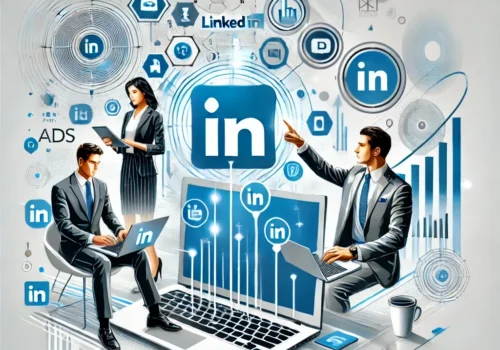 Eine professionelle und dynamische Illustration, die die Macht von LinkedIn-Werbung und Erfolgsstrategien für mehr Leads und Umsatz darstellt. Das Bild zeigt Geschäftsleute, die LinkedIn auf Laptops und Smartphones nutzen und mit Werbung und Networking interagieren. LinkedIn-Logos sind prominent zu sehen, ebenso wie Symbole und Grafiken, die steigende Leads, Wachstumsdiagramme und Umsatz darstellen. Das Design ist modern und elegant, mit Farben wie Blau, Weiß und Grau. Im Hintergrund sind abstrakte Formen und Muster zu sehen, die Technologie und Geschäftswachstum symbolisieren. Quadratisches Format.