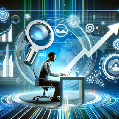 Ein modernes und dynamisches Bild, das die Überschrift "SEO Trends und Tipps für das Jahr 2024" darstellt. Es zeigt eine professionelle Person, die an einem Laptop arbeitet und SEO-Daten analysiert. Umgeben ist sie von Suchmaschinensymbolen, Trendpfeilen, Diagrammen und digitalen Marketing-Icons. Der Hintergrund hat ein digitales Thema mit abstrakten Formen und Mustern, die Technologie und Innovation repräsentieren. Die Farbgestaltung umfasst helle und ansprechende Farben wie Blau, Grün und Weiß.