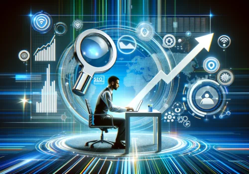 Ein modernes und dynamisches Bild, das die Überschrift "SEO Trends und Tipps für das Jahr 2024" darstellt. Es zeigt eine professionelle Person, die an einem Laptop arbeitet und SEO-Daten analysiert. Umgeben ist sie von Suchmaschinensymbolen, Trendpfeilen, Diagrammen und digitalen Marketing-Icons. Der Hintergrund hat ein digitales Thema mit abstrakten Formen und Mustern, die Technologie und Innovation repräsentieren. Die Farbgestaltung umfasst helle und ansprechende Farben wie Blau, Grün und Weiß.