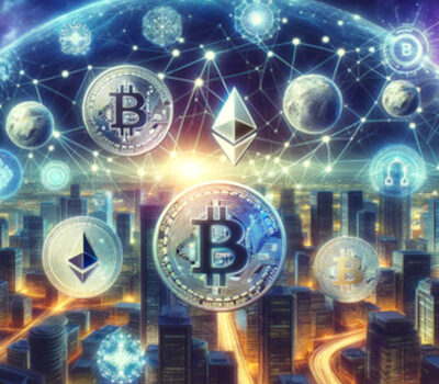 Ein futuristisches Bild, das eine Stadt bei Nacht darstellt. Über der Stadt schwebt eine digitale Kuppel, die mit Netzwerkverbindungen und Kryptowährungssymbolen wie Bitcoin und Ethereum verziert ist. Die Kuppel und Symbole sind in leuchtenden Farben gehalten, was die moderne und technologische Atmosphäre unterstreicht. Im Hintergrund ist ein kosmischer Himmel mit Sternen und Planeten zu sehen, der den globalen und innovativen Charakter der Kryptowährungen symbolisiert.