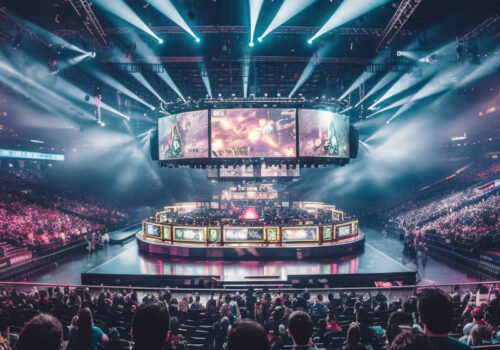 Eine große, gut beleuchtete Esports-Arena ist bis auf den letzten Platz gefüllt mit begeisterten Zuschauern. Im Zentrum der Arena befindet sich eine beeindruckende Bühne mit mehreren großen Bildschirmen, auf denen das laufende Spielgeschehen gezeigt wird.