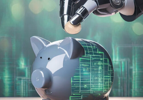 Eine Roboterhand legt eine Münze in ein Sparschwein. Das Sparschwein ist teilweise transparent und zeigt ein digitales Muster im Inneren, das auf technologische Elemente hinweist. Im Hintergrund sind verschwommene, bokeh-artige Lichter zu sehen, die eine futuristische Atmosphäre schaffen. Auf dem Tisch liegen weitere Münzen verstreut.