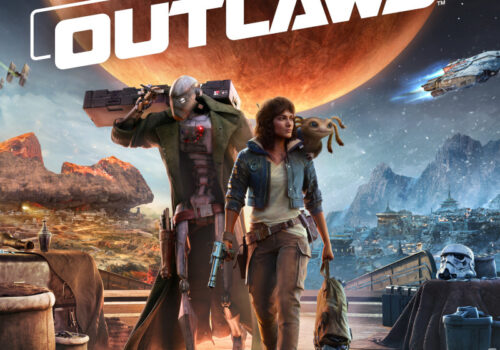 Boxart von Star Wars Outlaws mit den Protanisten Kay, Nix und ND-5. Im Hintergrund sind mehrere Welten und Raumschiffe aus dem Spiel zu sehen.
