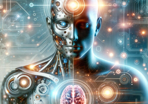 Futuristische Illustration eines Menschen, der teilweise mit Maschinen und digitalen Elementen integriert ist.