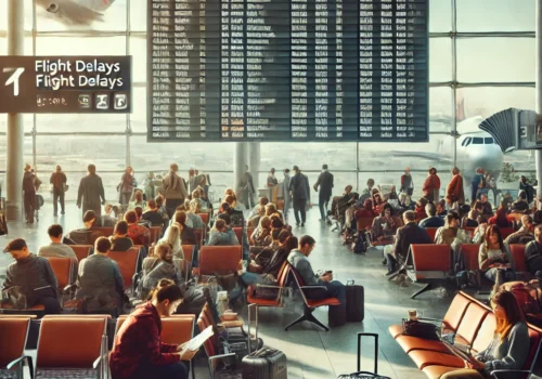 "Menschen warten im Flughafen, blicken auf die Anzeigetafel mit Flugverspätungen. Einige sitzen mit Gepäck, andere stehen und schauen auf ihre Handys oder lesen. Die Szene zeigt eine Mischung aus Frustration und Gelassenheit in heller, moderner Atmosphäre."