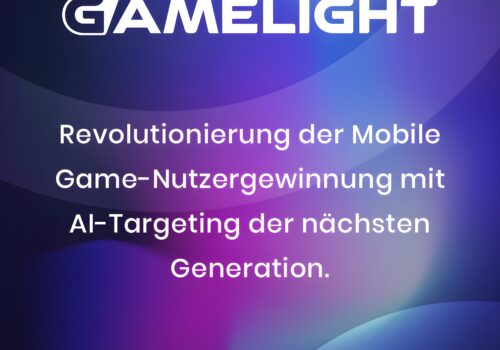 Grafik mit Gamelight-Logo auf einem farbigen, verlaufenden Hintergrund. Text: „Revolutionierung der Mobile Game-Nutzergewinnung mit AI-Targeting der nächsten Generation.“
