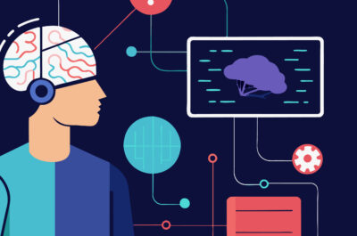 "Illustration eines Brain-Computer-Interfaces (BCI). Eine stilisierte Figur trägt ein Headset, das Signale von ihrem Gehirn an verschiedene digitale Schnittstellen sendet, die durch farbige Symbole und Linien dargestellt sind. Die Verbindungslinien führen zu verschiedenen Elementen wie einem Computerbildschirm mit einem Gehirnsymbol, einem Symbol für drahtlose Kommunikation und anderen grafischen Icons.
