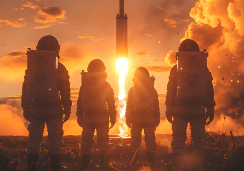 Vier Astronauten in voller Raumanzugausrüstung stehen auf einem Feld und beobachten einen Raketenstart bei Sonnenuntergang. Die Rakete hebt in einer spektakulären Wolke aus Feuer und Rauch ab, während der Himmel in warmen Orange- und Gelbtönen leuchtet. Die Szene vermittelt eine Atmosphäre von Abenteuer und Entschlossenheit.
