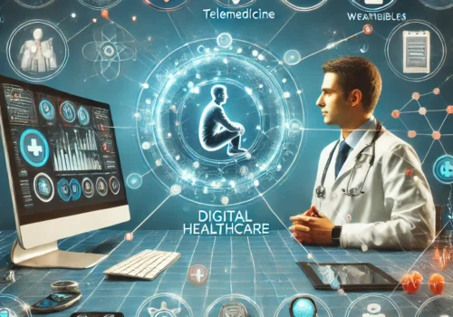 Ein modernes, informatives Bild, das die digitale Gesundheitsversorgung darstellt. Ein Arzt interagiert über einen Bildschirm virtuell mit einem Patienten, umgeben von Symbolen für Telemedizin, Wearables und KI-Diagnostik. Im Hintergrund sind futuristische Elemente wie Smartphone- und Smartwatch-Icons zu sehen, die die Rolle der Technologie in der Gesundheitsversorgung betonen.