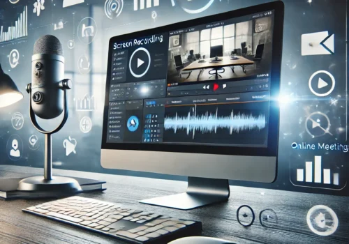 An image representing screen recording technology for remote work and home offices. The scene includes a modern workspace with a computer monitor disp