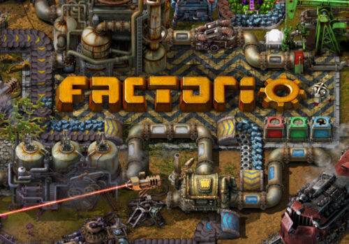 Factorio-Artworke dass viele Elemente einer typischen Factorio-Fabrik um den Schriftzug des Spiels herum zeigt.