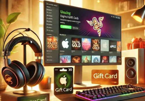 Ein fotorealistisches Bild eines modernen Schreibtischs mit einem Computerbildschirm, der eine digitale Verkaufsplattform anzeigt. Auf dem Tisch liegen Geschenkkarten für Razer Gold und Apple, umgeben von Gaming-Zubehör wie einem Headset und einer beleuchteten Tastatur. Der Hintergrund zeigt eine gemütliche Homeoffice-Atmosphäre mit warmem Licht, das die Praktikabilität und Vorteile digitaler Geschenkkarten betont.