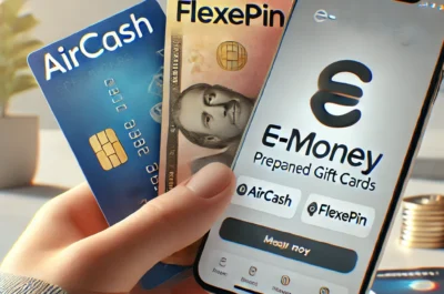 Es zeigt eine Hand mit bunten Prepaid-Karten wie "Aircash" und "Flexepin" sowie ein Smartphone mit einer digitalen Wallet-App im Hintergrund.