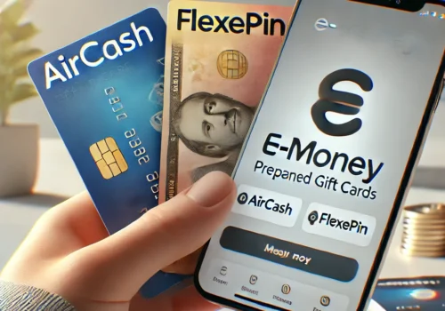 Es zeigt eine Hand mit bunten Prepaid-Karten wie "Aircash" und "Flexepin" sowie ein Smartphone mit einer digitalen Wallet-App im Hintergrund.