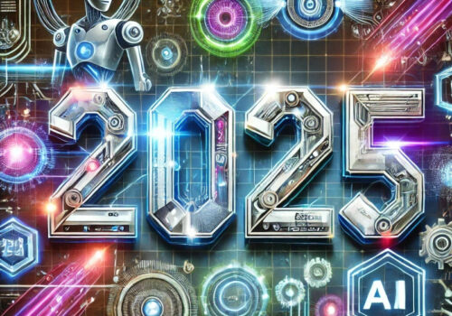 Die Jahreszahl 2025 mit diversen futuristischen Elementen.