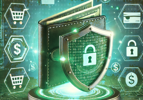 „Illustration zum Thema sicheres Online-Shopping mit E-Money. Ein leuchtendes, futuristisches digitales Wallet dient als Schutzschild für persönliche und finanzielle Daten, umgeben von verschlüsselten Symbolen und Datenströmen. Das Wallet schwebt über einem Hintergrund mit Online-Shopping-Symbolen wie einem Einkaufswagen, einem Schloss und digitalen Geld-Icons. Die grüne Farbgestaltung unterstreicht das Thema Sicherheit und Technologie, passend für einen technischen Artikel.“