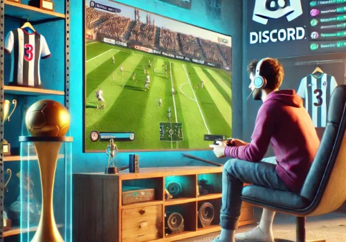 Ein fotorealistisches Bild zeigt eine Person, die auf einem bequemen Stuhl vor einem großen Bildschirm sitzt und ein Fußball-Videospiel spielt. Um den Spieler herum befinden sich Details, die Gemeinschaft und Wettbewerb darstellen, wie Pokale, eine Discord-Benutzeroberfläche auf einem nahen Bildschirm und ein Regal mit virtuellen Teamtrikots. Die Szene vermittelt eine gemütliche, aber auch wettbewerbsorientierte Atmosphäre und hebt die Verbindung zwischen virtueller und realer Fußballleidenschaft hervor.