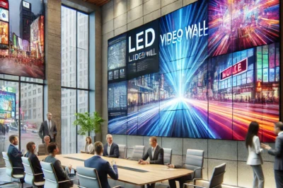zeigt eine moderne LED-Videowand in einem Konferenzraum, kombiniert mit dynamischen Anwendungsbeispielen. Es illustriert die Vielseitigkeit und professionelle Nutzung von LED-Videowänden.