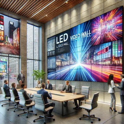 zeigt eine moderne LED-Videowand in einem Konferenzraum, kombiniert mit dynamischen Anwendungsbeispielen. Es illustriert die Vielseitigkeit und professionelle Nutzung von LED-Videowänden.