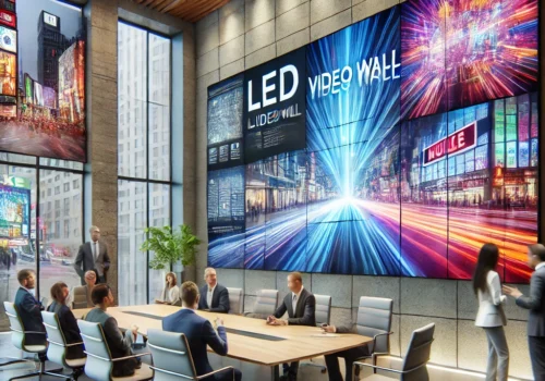 zeigt eine moderne LED-Videowand in einem Konferenzraum, kombiniert mit dynamischen Anwendungsbeispielen. Es illustriert die Vielseitigkeit und professionelle Nutzung von LED-Videowänden.