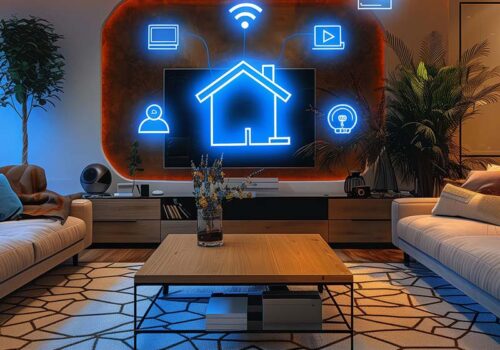 Das Bild zeigt ein modernes Wohnzimmer mit einem zentral platzierten Couchtisch, umgeben von gemütlichen Sofas. Im Hintergrund ist eine stilisierte Darstellung eines Apple Smart Home mit blauen Neon-Symbolen an der Wand zu sehen, die Geräte wie WLAN, Lampen, Fernseher und Kameras symbolisieren. Warmes indirektes Licht und Pflanzen verleihen dem Raum eine einladende Atmosphäre.