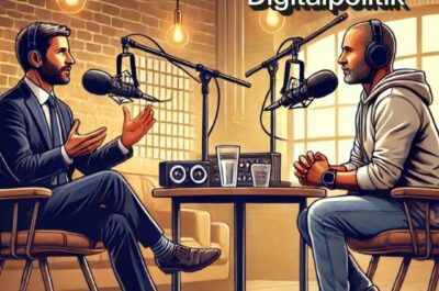 Ein Podcast-Interview in einem stilvollen Studio: Ein Politiker im Anzug und ein lässig gekleideter Host mit Kopfhörern sprechen in Mikrofone auf Tischständern. Der Politiker gestikuliert, während der Host aufmerksam zuhört. Auf dem Tisch stehen Audio-Equipment und Gläser mit Wasser. Im Hintergrund sorgen Backsteinwände, hängende Glühbirnen und ein modernes Studiodesign für eine warme Atmosphäre. Oben rechts im Bild steht der Text „Wahlcheck Digitalpolitik“.