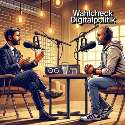 Ein Podcast-Interview in einem stilvollen Studio: Ein Politiker im Anzug und ein lässig gekleideter Host mit Kopfhörern sprechen in Mikrofone auf Tischständern. Der Politiker gestikuliert, während der Host aufmerksam zuhört. Auf dem Tisch stehen Audio-Equipment und Gläser mit Wasser. Im Hintergrund sorgen Backsteinwände, hängende Glühbirnen und ein modernes Studiodesign für eine warme Atmosphäre. Oben rechts im Bild steht der Text „Wahlcheck Digitalpolitik“.