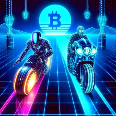 Ein retro-futuristisches, TRON-inspiriertes Digitalbild zeigt zwei neonbeleuchtete Motorradfahrer, die ein Rennen auf einer leuchtenden Blockchain-Strecke fahren. Einer der Fahrer symbolisiert Künstliche Intelligenz (KI) mit einem futuristischen, leuchtenden Design, während der andere für Kryptowährungen steht, mit Blockchain-Mustern auf seinem Anzug. Ihre Motorräder hinterlassen digitale Lichtspuren, die an Datenströme erinnern. Die Szenerie ist in einem cyberpunkartigen Stil gehalten, mit einem tiefblauen Neon-Gitterhintergrund und einer hochmodernen, digitalen Rennstrecke