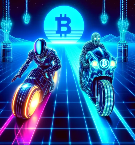 Ein retro-futuristisches, TRON-inspiriertes Digitalbild zeigt zwei neonbeleuchtete Motorradfahrer, die ein Rennen auf einer leuchtenden Blockchain-Strecke fahren. Einer der Fahrer symbolisiert Künstliche Intelligenz (KI) mit einem futuristischen, leuchtenden Design, während der andere für Kryptowährungen steht, mit Blockchain-Mustern auf seinem Anzug. Ihre Motorräder hinterlassen digitale Lichtspuren, die an Datenströme erinnern. Die Szenerie ist in einem cyberpunkartigen Stil gehalten, mit einem tiefblauen Neon-Gitterhintergrund und einer hochmodernen, digitalen Rennstrecke