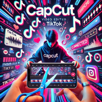 Eine dynamische, farbenfrohe Illustration zeigt einen jungen Mann in einem „CapCut“-Hoodie, der vor einem Hintergrund mit TikTok-Symbolen, Herzchen und Medien-Icons steht. Im Vordergrund hält jemand ein Smartphone, auf dem ein Video mit CapCut bearbeitet wird, während eine Schere das Display scheinbar durchschneidet. Text auf dem Bild: „CapCut – Video Edited TikTok“. Die Szene vermittelt Kreativität, soziale Vernetzung und den Bezug zur Videobearbeitung für TikTok und Instagram