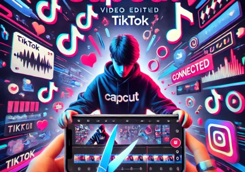 Eine dynamische, farbenfrohe Illustration zeigt einen jungen Mann in einem „CapCut“-Hoodie, der vor einem Hintergrund mit TikTok-Symbolen, Herzchen und Medien-Icons steht. Im Vordergrund hält jemand ein Smartphone, auf dem ein Video mit CapCut bearbeitet wird, während eine Schere das Display scheinbar durchschneidet. Text auf dem Bild: „CapCut – Video Edited TikTok“. Die Szene vermittelt Kreativität, soziale Vernetzung und den Bezug zur Videobearbeitung für TikTok und Instagram